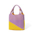 Vibrant purple and yellow version of knitted tote bag adding pop of color to spring picnics and casual dates.