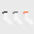 Flat lay of 3 colors of Athletic Striped Slouch Socks, black, orange and gray.