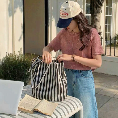 Canvas Vertical Stripes Shoulder Bag