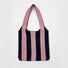 Front view of Pink and navy striped wool blend knit shoulder bag,  great for everyday carry and travel.