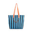 Polyester tote bag with bold blue and black vertical stripes, orange shoulder straps, and grab handles.