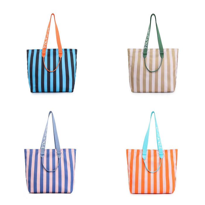 Four polyester striped tote bags: blue/black, beige/pink, pink/blue, and orange/white, each with two shoulder straps.