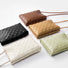 Five woven PU leather crossbody bags in black, white, brown, tan, and light green.