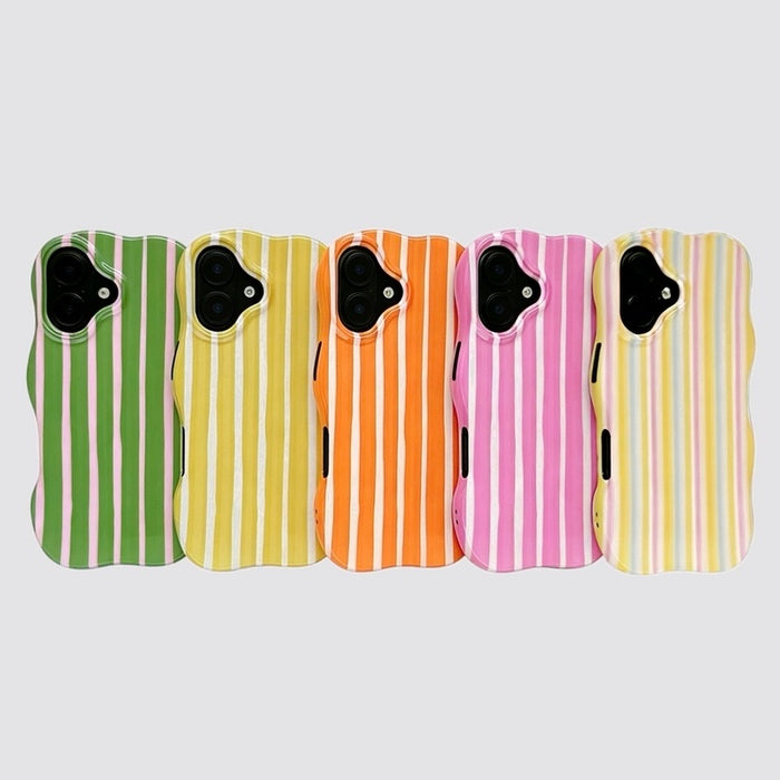 Large display showing five wavy candy-striped phone cases in green, yellow, orange, pink, and multi-color.