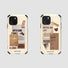 Beige leather phone case with coffee collage print: beans, cups, and text. Perfect gift for coffee lovers.
