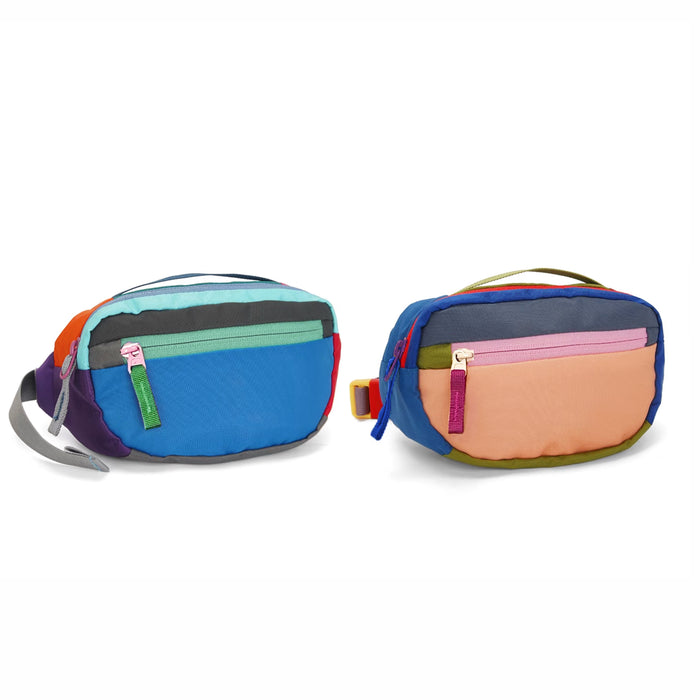 Two color-pop nylon belt bags in blue and apricot colorways shown side by side.