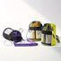 Group of colorblock nylon bucket bags in purple, dark khaki, and olive green.
