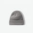 Flatlay view of a classic heather grey ribbed knit beanie on a clean white background.