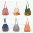 Front view of Six colorful cotton net shopper bags,  oranges,  pink, beige, green, blue, grey.