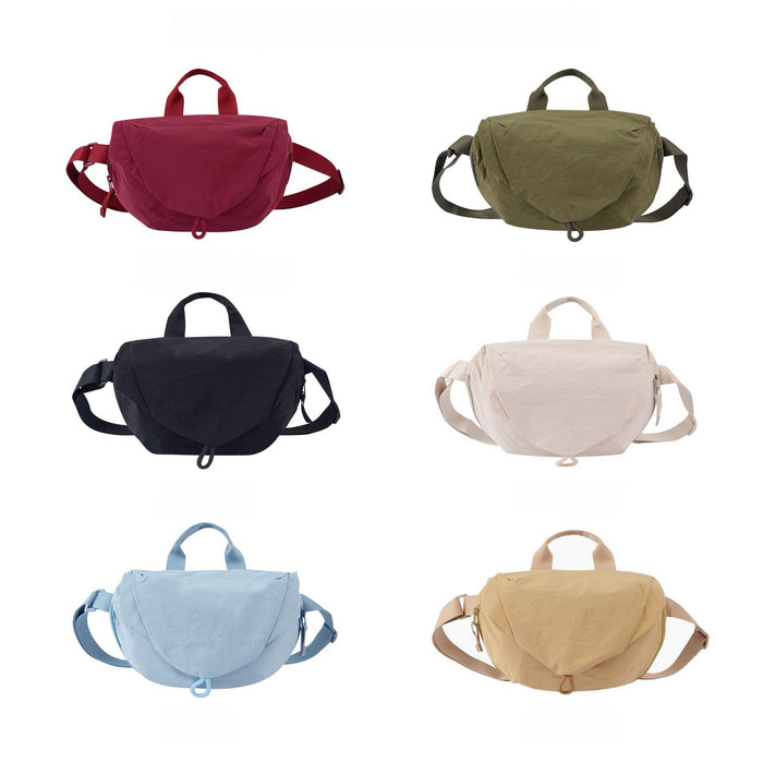 Color palette of the casual crinkle crossbody in burgundy, olive green, black, white, light blue, and khaki.
