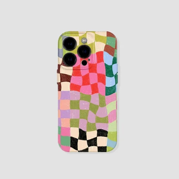 Front view of a distressed colorful plaid phone case against a clean white background, showcasing the vibrant checkerboard pattern.