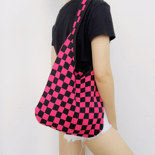 Checkered Knitted Shoulder Bag