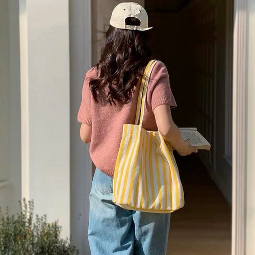 Canvas Vertical Stripes Shoulder Bag