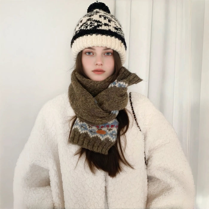Model wearing cozy Fair Isle pattern wool-acrylic scarf in olive green with blue and red accents.