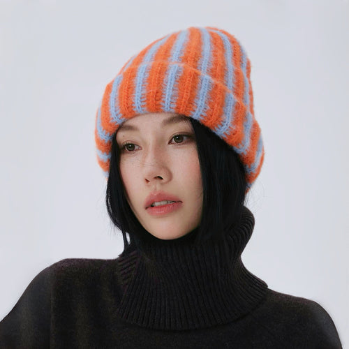 Fuzzy Contrast Striped Beanie | DEHOME