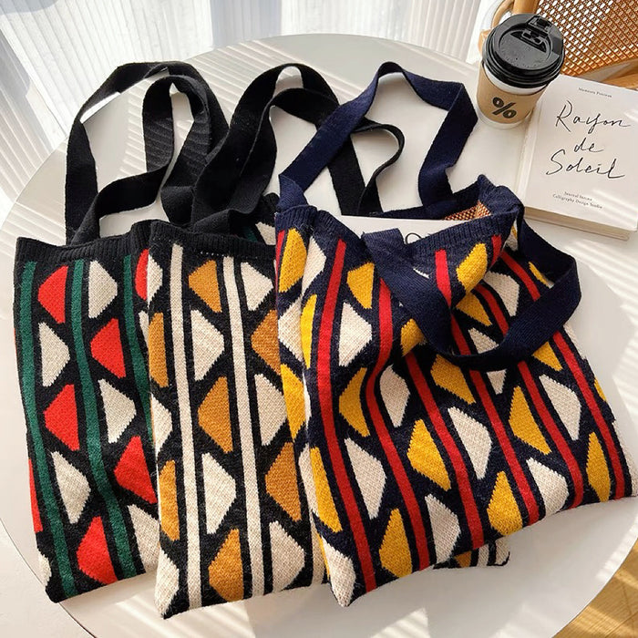 Three polyester fiber knitted tote bags with geometric contrast color patterns.