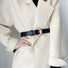 Model wearing the black belt with Gold Metal Shell Buckle, classic trendy for daily commuting