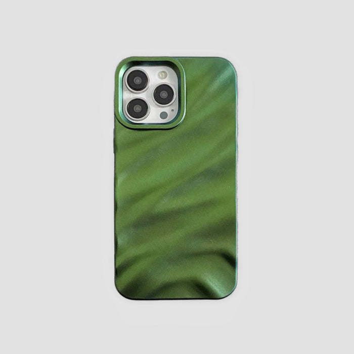 Green satin pleated iPhone 15 Pro Max case. Wavy texture design with a luxury silk-like finish.