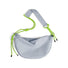 Grey nylon crescent bag with a neon green knotted accent strap, a unique style hack for modern streetwear fits.