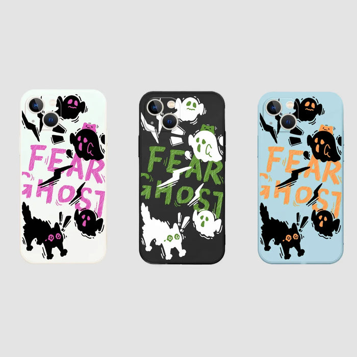 Three Halloween cases: ghost, cat, and lightning designs in white, black, and blue. Spooky season gift.