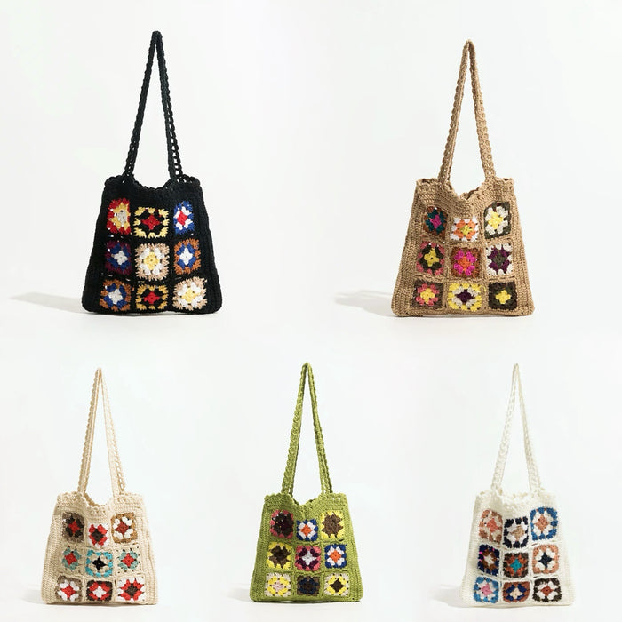 Five handmade crochet flower grid shoulder bags in black, brown, beige, green, and white blended knitting yarn.