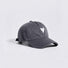 Side view of a charcoal grey baseball hat featuring white heart embroidery.