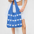 Cool Blue crochet tote bag with white heart pattern, made from blended knitting yarn.