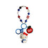 Hello Kitty bag charm with red bow, blue outfit, red apple, and red, white, blue beaded strap.