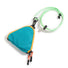 A blue triangle mini bag made of durable nylon, featuring a zip-top and adjustable strap.