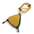 A yellow triangle mini bag made of durable nylon, featuring a zip-top and adjustable strap.