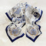 Front view of White satin square scarf with blue nautical chart, anchor, and crown designs in navy, great for office.