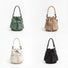 Four colors of the nylon drawstring bucket bag including olive green, khaki, white, and black.