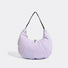 Angled view of Light purple pleated nylon crescent shoulder bag with black strap and zip-top fastening.