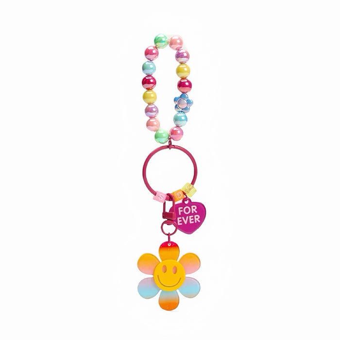 Acrylic rainbow beaded bag charm with a pink "FOR EVER" heart and a colorful smiley sunflower.