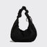 Flat lay of Ruched Strap Suede Hobo Bag in black, great for everyday carry and travel.