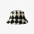 Front view of Sherpa Diamond Check Bucket Hat in black, displays intricate diamond patterns in insulating fabric.