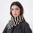 Model wearing a striped wool scarf Simple Striped Triangle Scarf, easy for weekend styling and gifting.