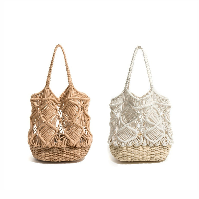 Two colors of Spiral Pattern Hollow Crochet Bags shown together, great for everyday carry and travel.