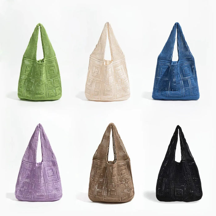 Front view of Six square pattern crochet bags in green, white, blue, purple, brown, and black..