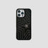 Black PU leather iPhone case featuring silver star studs and a prominent large gray star accent.