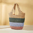 Stripe rattan straw tote bag with natural, green, light blue, and pink horizontal stripes.