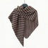 Angled view of Brown and light grey striped wool scarf hanging on a clean background