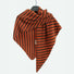Angled view of Orange and brown striped wool scarf hanging on a clean background, easy for travel packing.