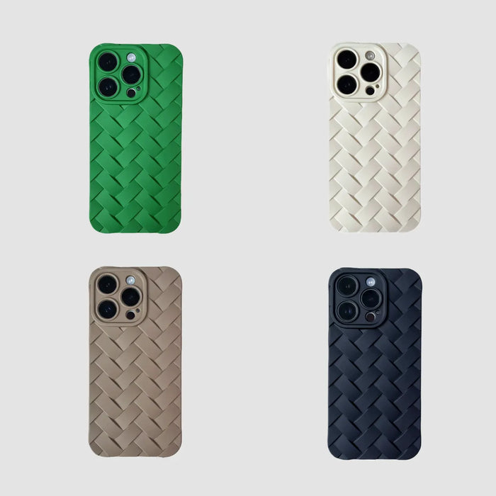 Four textured woven silicone cases in green, beige, black, and cream. Artistic geometric patterns.