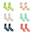 Flat lay of 6 colors of Tie Dye Cotton Socks, easy to pack for travel and errands.
