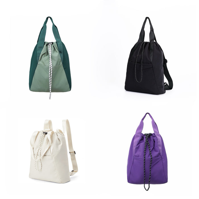 Ultralight 2-Way Backpack available in four colors, showcasing the nylon material and drawstring design.