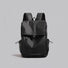 Front view of the black water-resistant Oxford flap backpack with front zip pocket.
