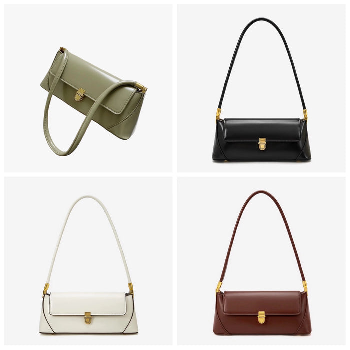 Four vintage baguette shoulder bags in PU leather: sage green, black, white, and brown, each with a gold clasp.