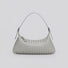 Front view of a soft light grey woven vegan leather hobo purse.