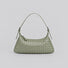 Front angle of a sage green woven leather hobo bag on a white background.